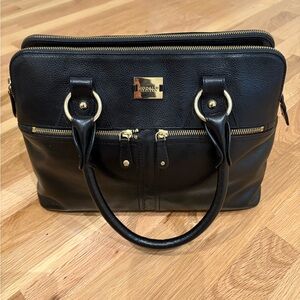 Modalu Black Leather Double-Zip Satchel with Gold Hardware